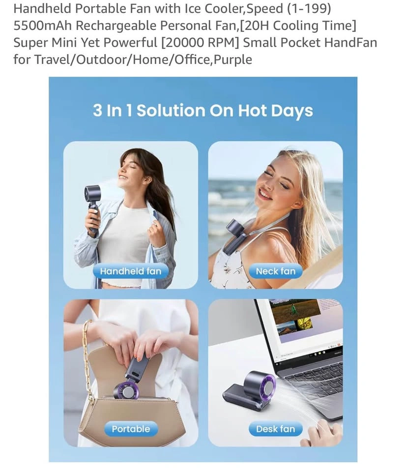 Purple 3-in-1 Portable Fan w/ Ice Cooler, 5500mAh Rechargeable - photo 3