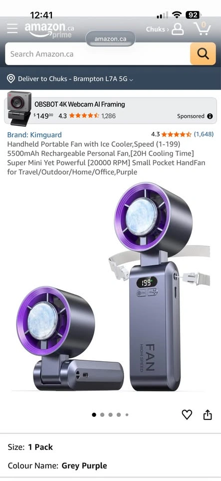 Purple 3-in-1 Portable Fan w/ Ice Cooler, 5500mAh Rechargeable - photo 4