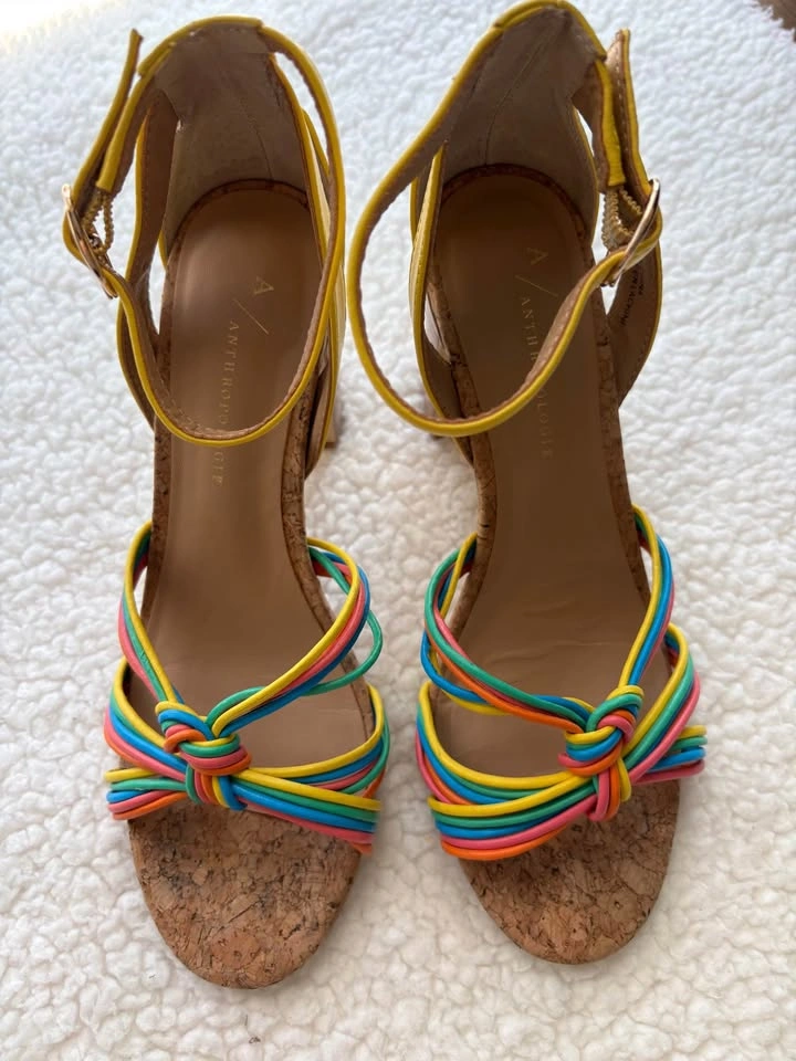 Anthropologie Summer Nights Yellow Multicolor Knotted Cork Heel - photo 2