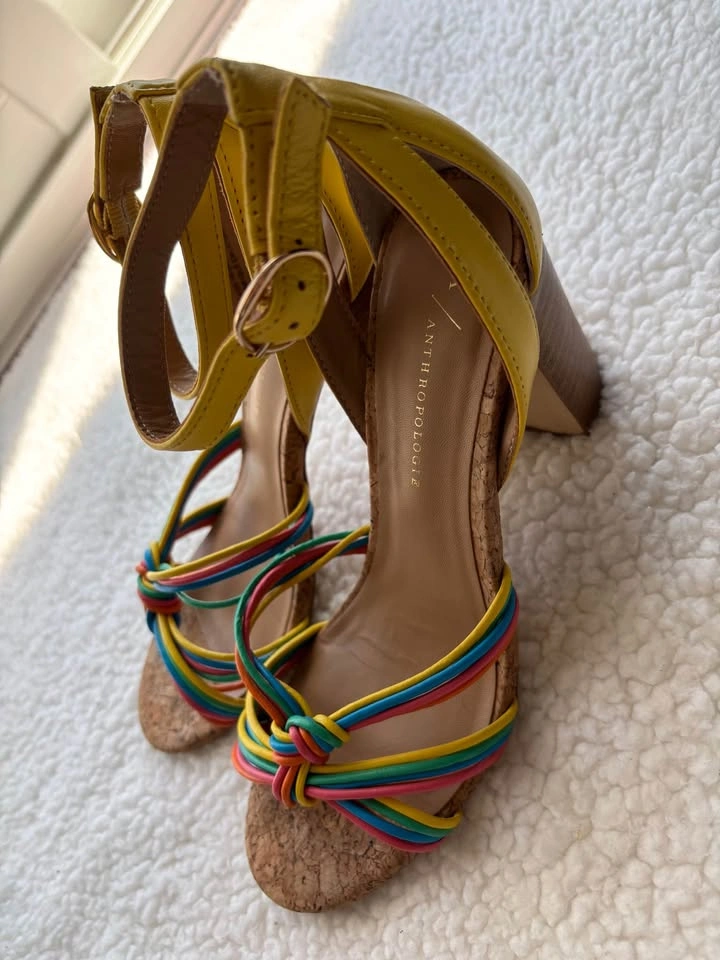 Anthropologie Summer Nights Yellow Multicolor Knotted Cork Heel - photo 3