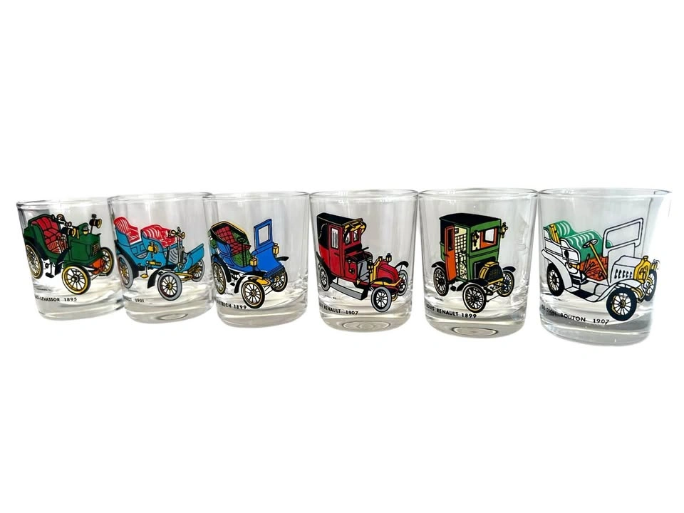 Vintage French Car Whiskey Glasses Set 6 Retro Barware
