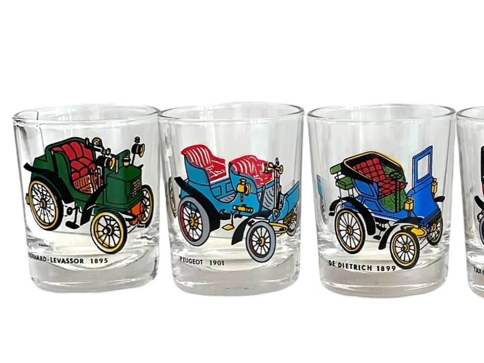 Vintage French Car Whiskey Glasses Set 6 Retro Barware - photo 3