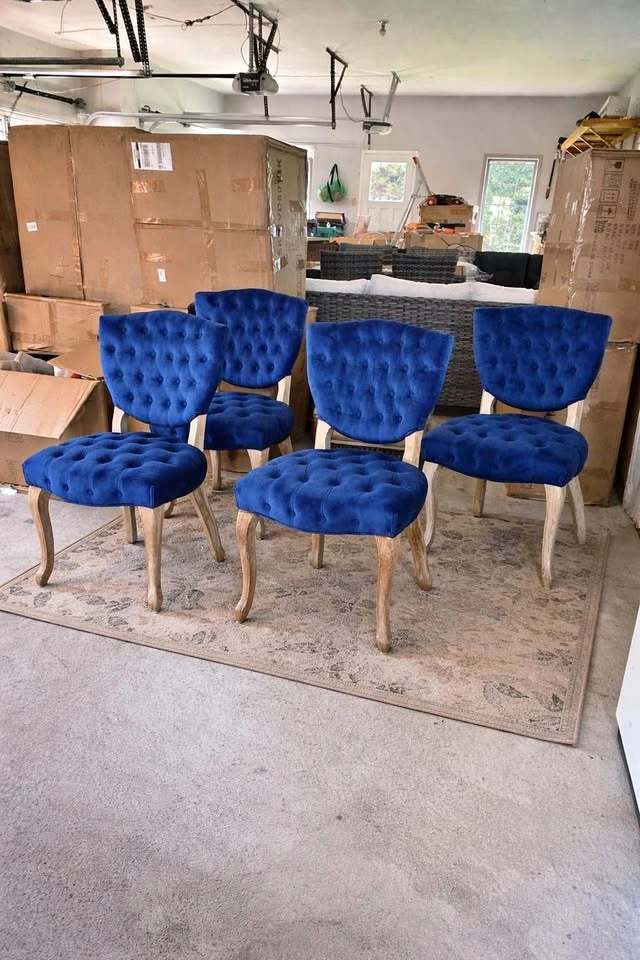 4 New High End Solid Wood Navy Blue Tufted Dining Chairs
