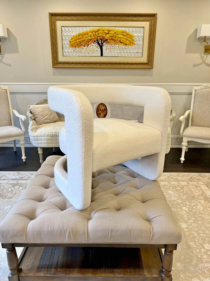New Pair of White Boucle Arm Chairs