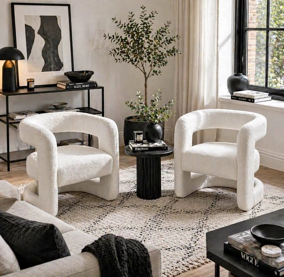 New Arrival! Set of 2 New White Boucle Accent Chairs