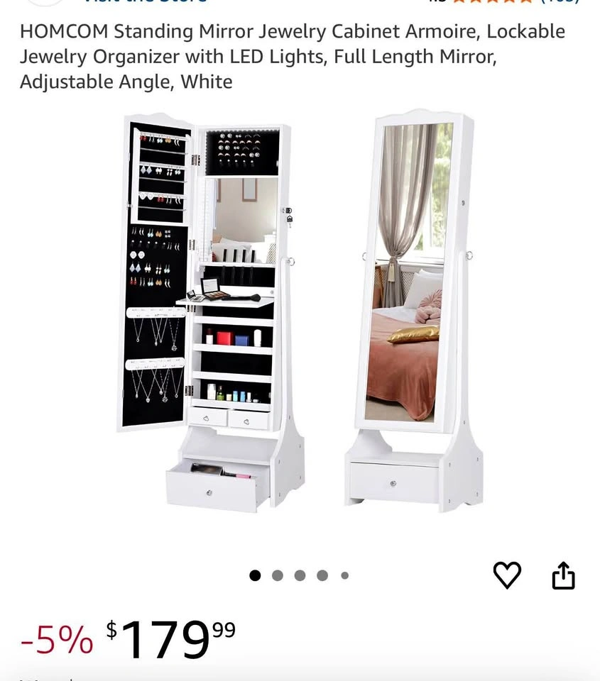HOMCOM Standing Jewelry Case Mirror with Lock and Key - WHITE