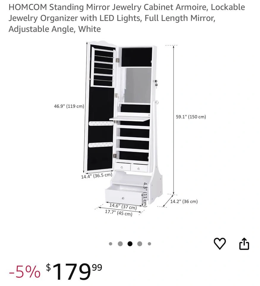 HOMCOM Standing Jewelry Case Mirror with Lock and Key - WHITE - photo 2