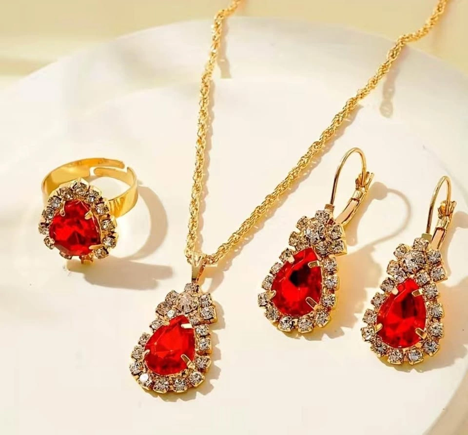 Beautiful ruby look zirconia necklace set with earrings and ring - photo 2