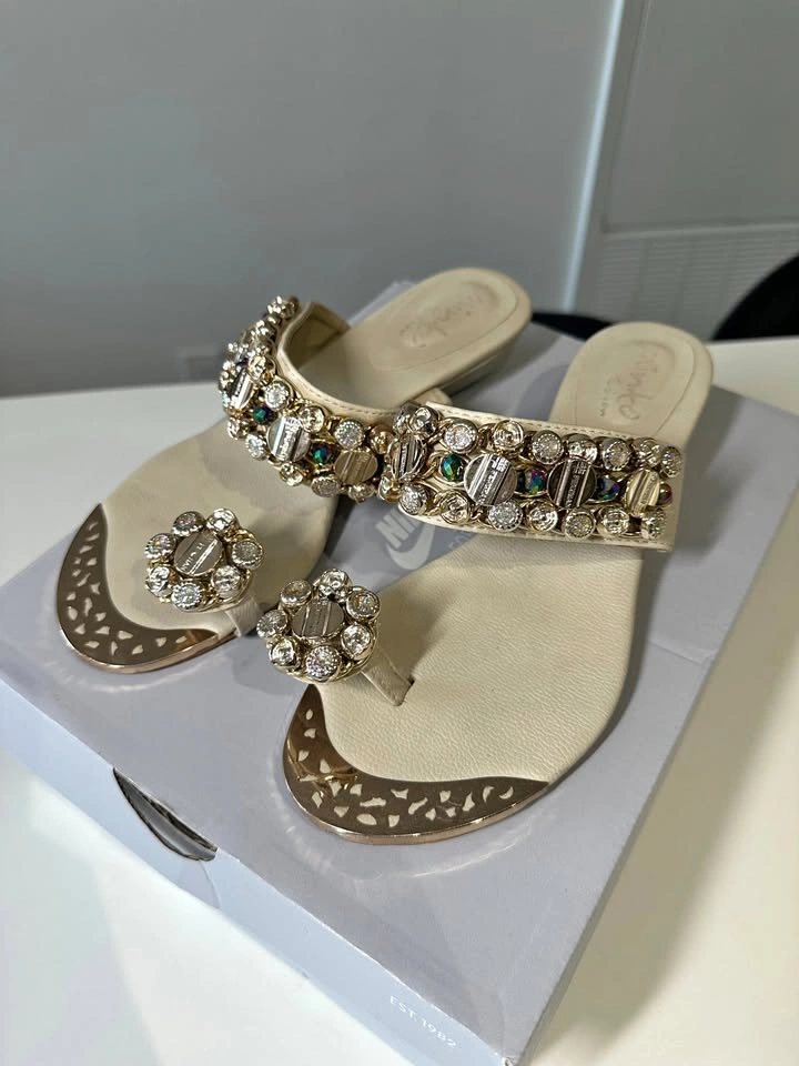 Women’s Embellished Sandals (Size 6–7) – Cream & Gold