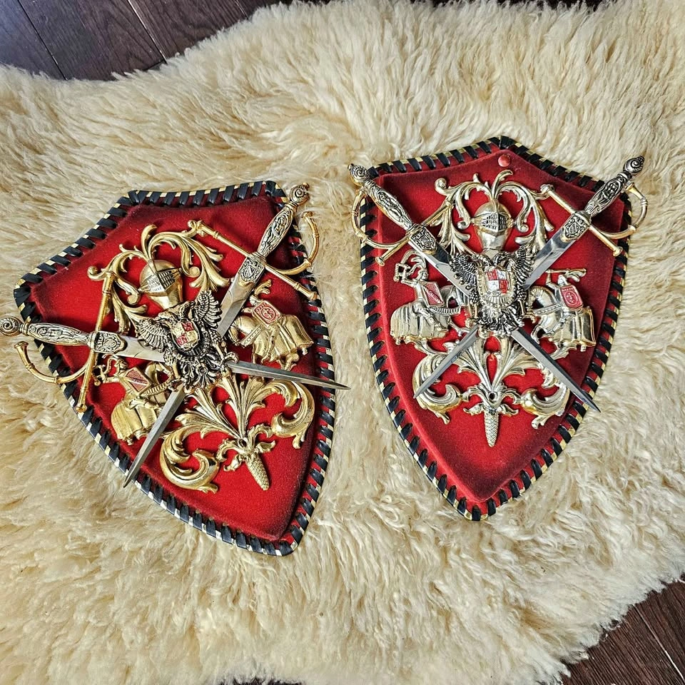 Vintage Medieval Gothic Spanish Coat of Arms Wall Plaque Set 80s