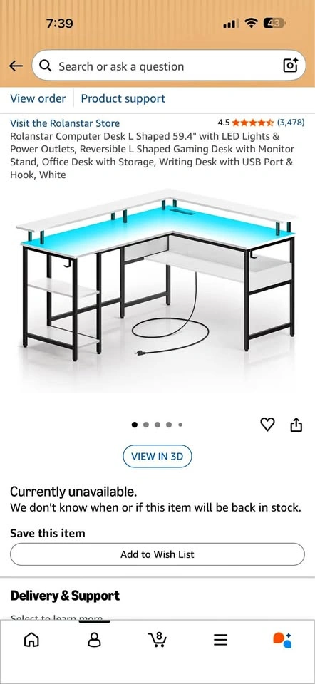 L-Shaped Desk with LED Lights & Power Outlets