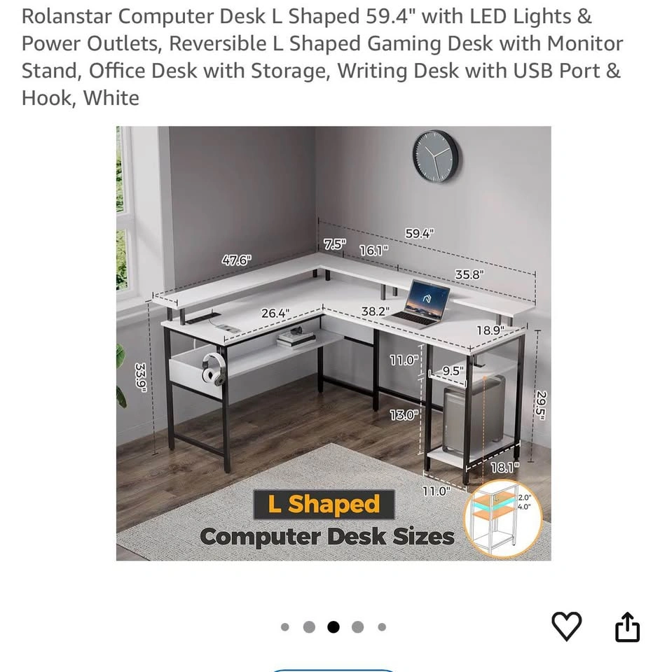 L-Shaped Desk with LED Lights & Power Outlets - photo 5