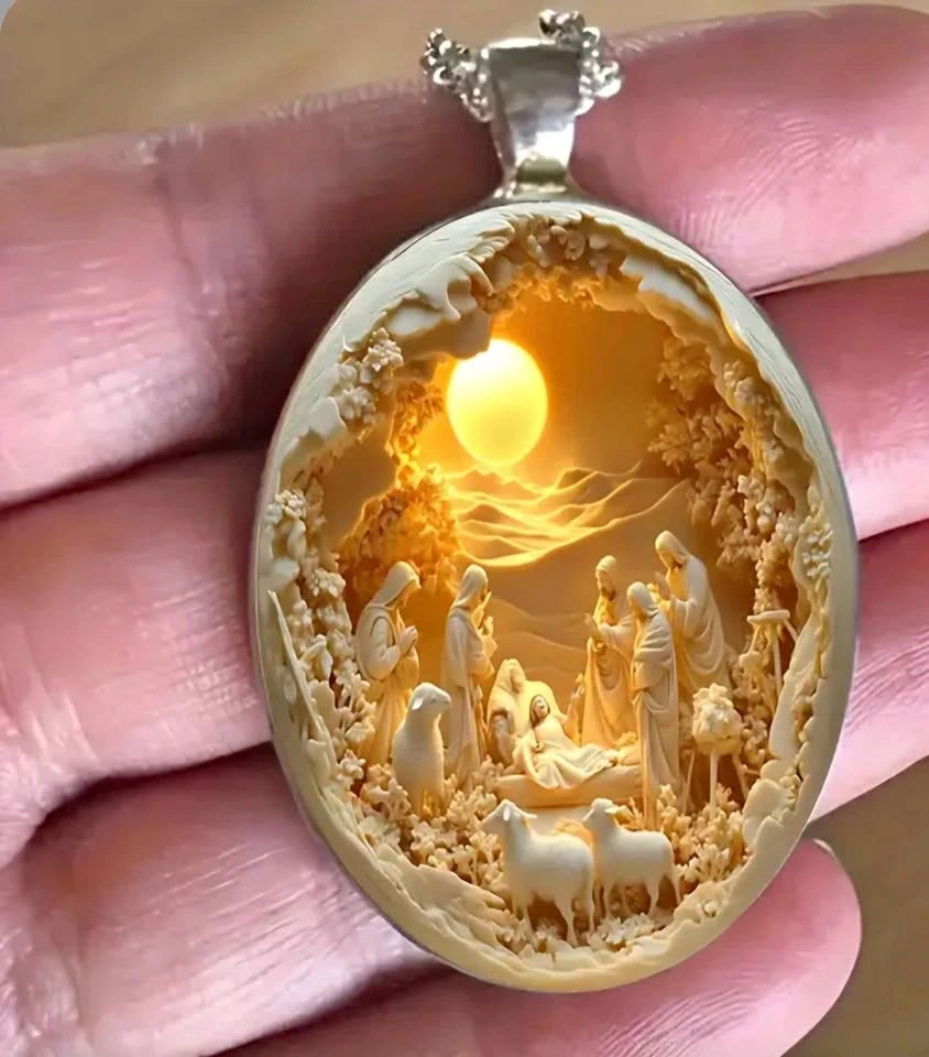 Exquisite Glass Birth of Jesus Manger Necklace