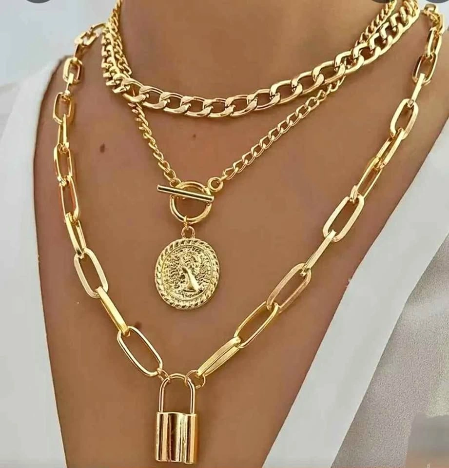 New 3pcs Women's Retro Golden Zinc Alloy Necklace Set