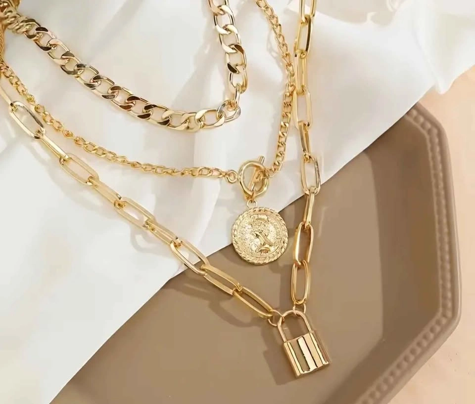 New 3pcs Women's Retro Golden Zinc Alloy Necklace Set - photo 3