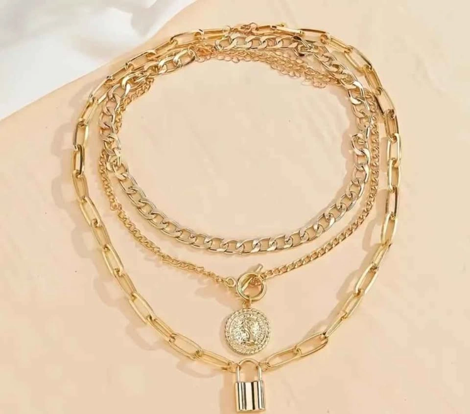 New 3pcs Women's Retro Golden Zinc Alloy Necklace Set - photo 5