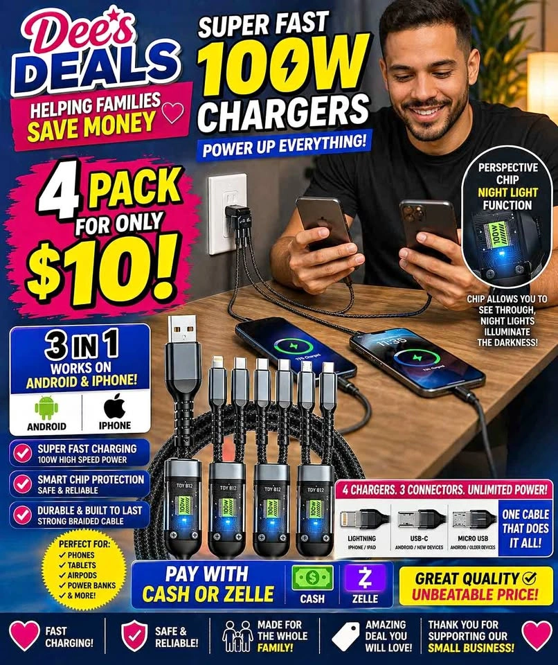 3in1 Super fast 100W Charging cords 4 pack for $10