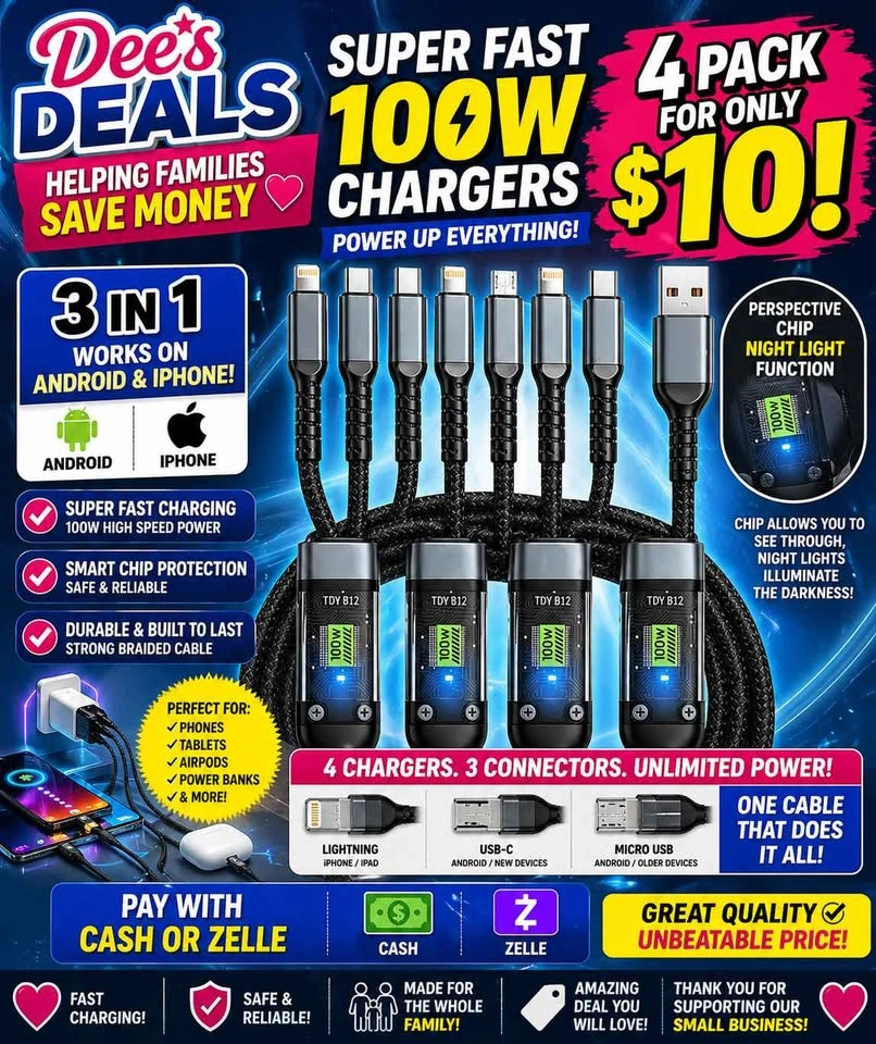 3in1 Super fast 100W Charging cords 4 pack for $10 - photo 2