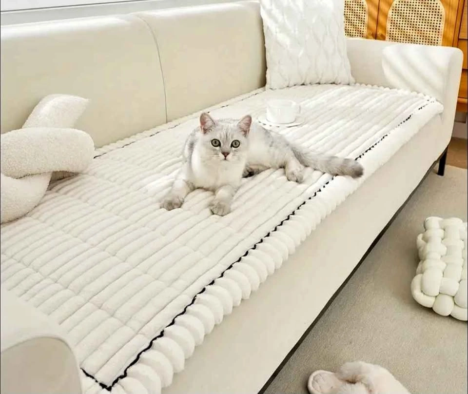 Plush Sofa Cover with Ruffled Edges, Pet-Friendly Non-Slip Prote