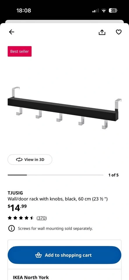 2 IKEA TJUSIG Wall/door rack with knobs, black, 60 cm