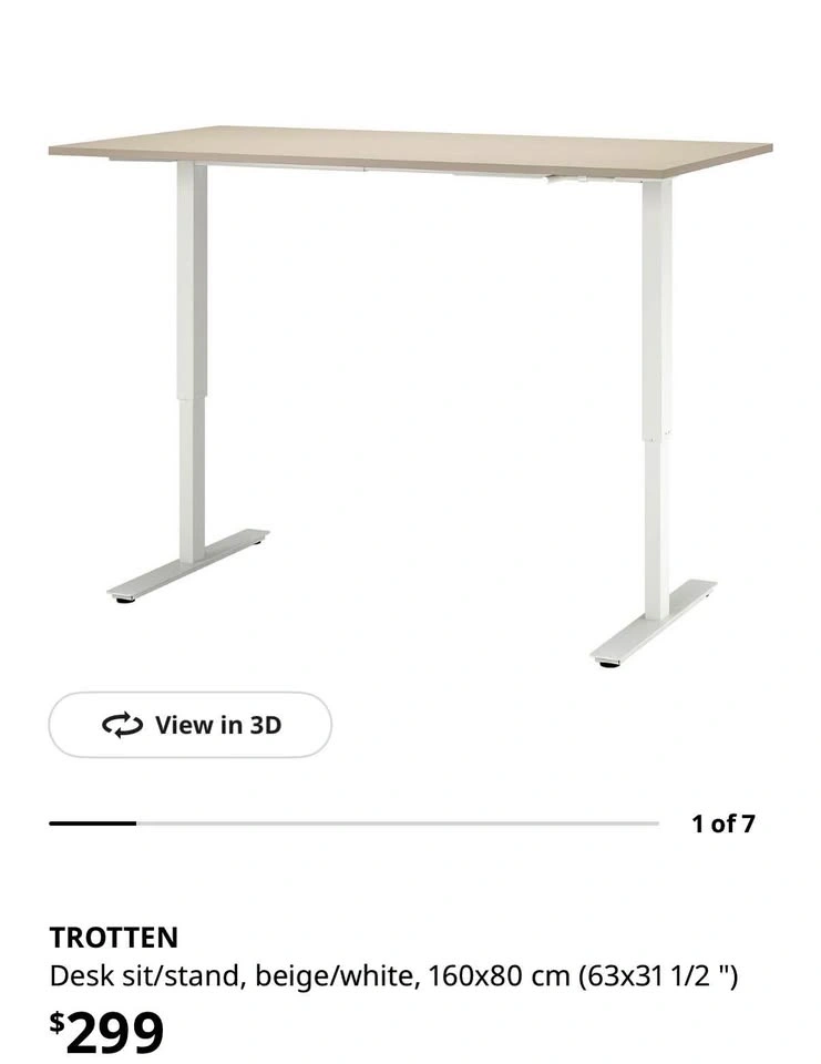 IKEA TROTTEN Sit/Stand Desk - Beige/White, 160x80cm
