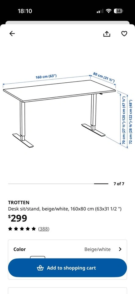IKEA TROTTEN Sit/Stand Desk - Beige/White, 160x80cm - photo 5