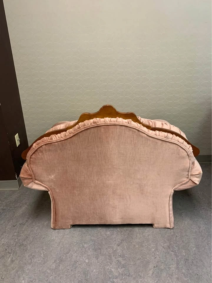 Vintage Pink Velvet Puffed Armchair w Carved Wood - photo 3