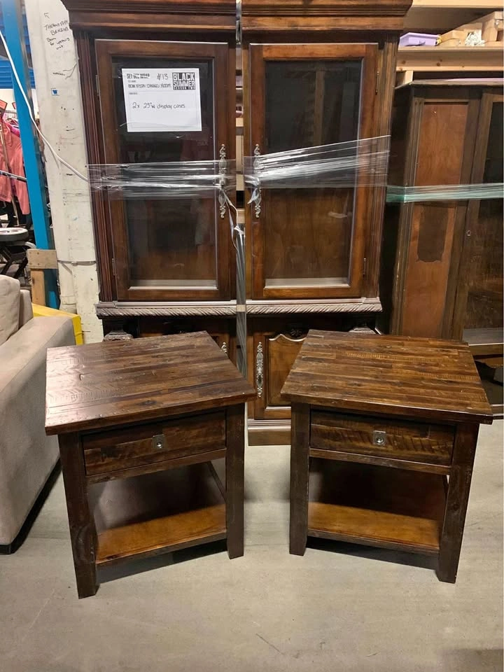 Walnut Finish Wood Display Cases & End Tables Set