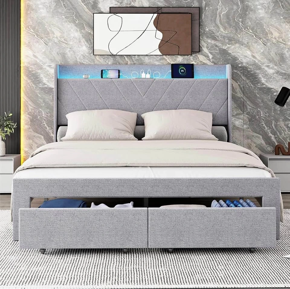 Queen Grey Fabric Bed Frame & Mattress w/ RGB, USB
