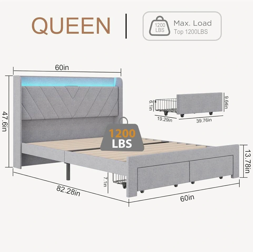 Queen Grey Fabric Bed Frame & Mattress w/ RGB, USB - photo 2