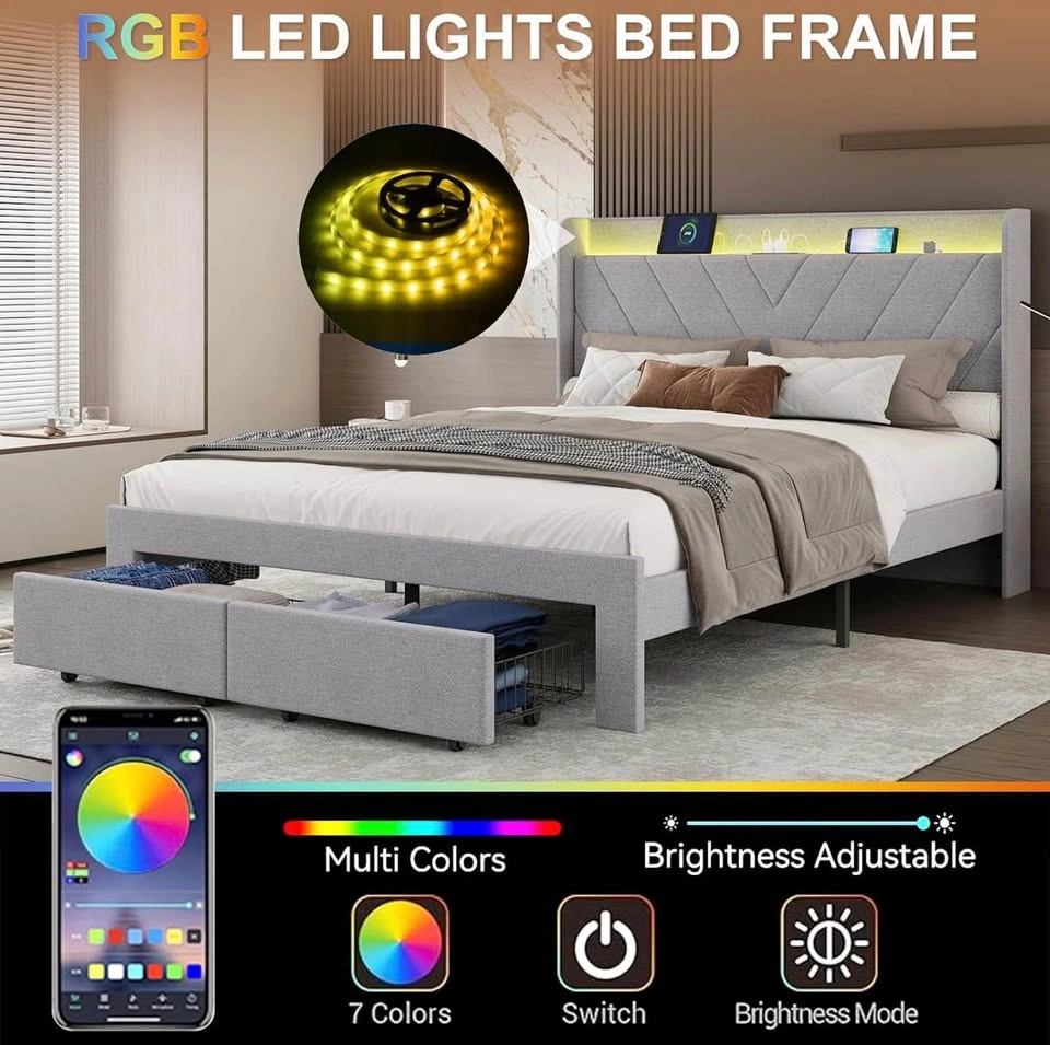 Queen Grey Fabric Bed Frame & Mattress w/ RGB, USB - photo 4