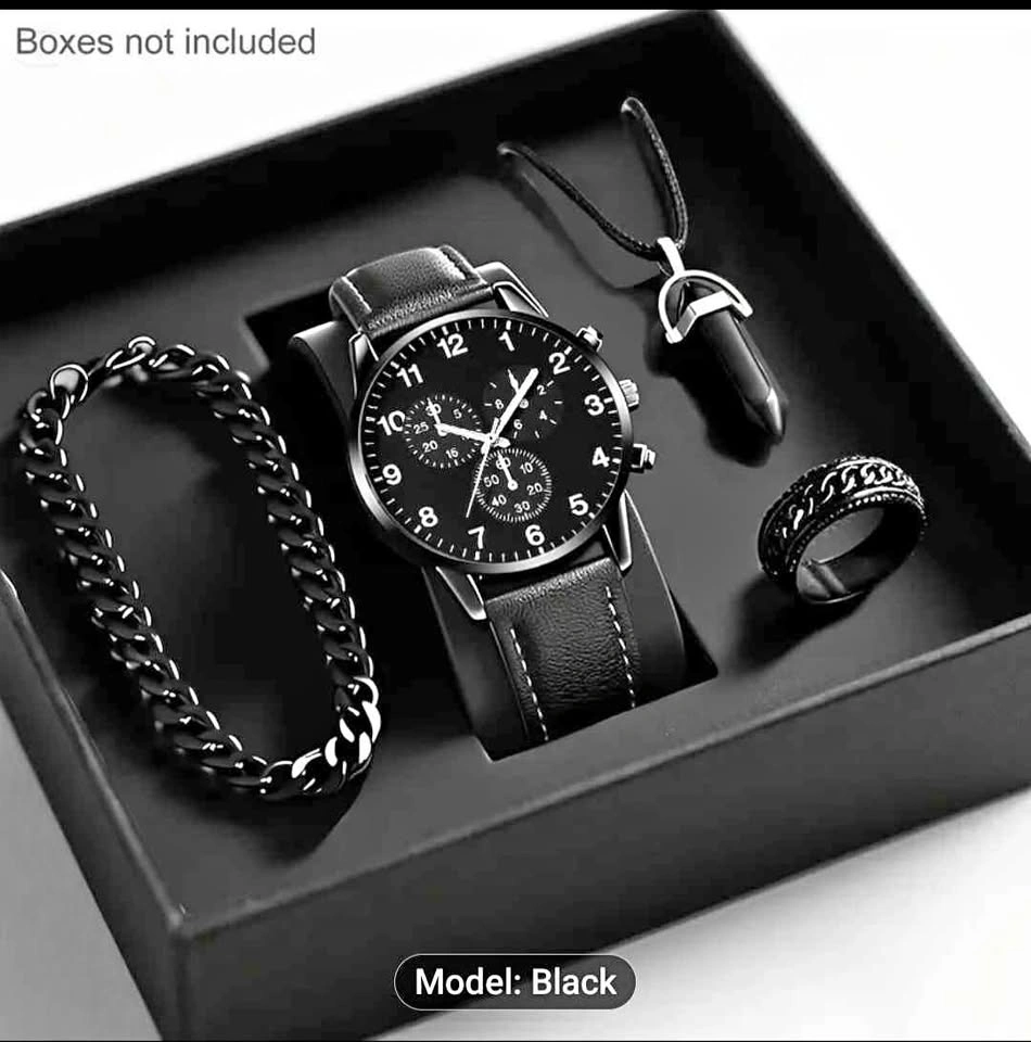 New Men's Trendy Quartz Watch + Versatile Black Necklace, Bracel