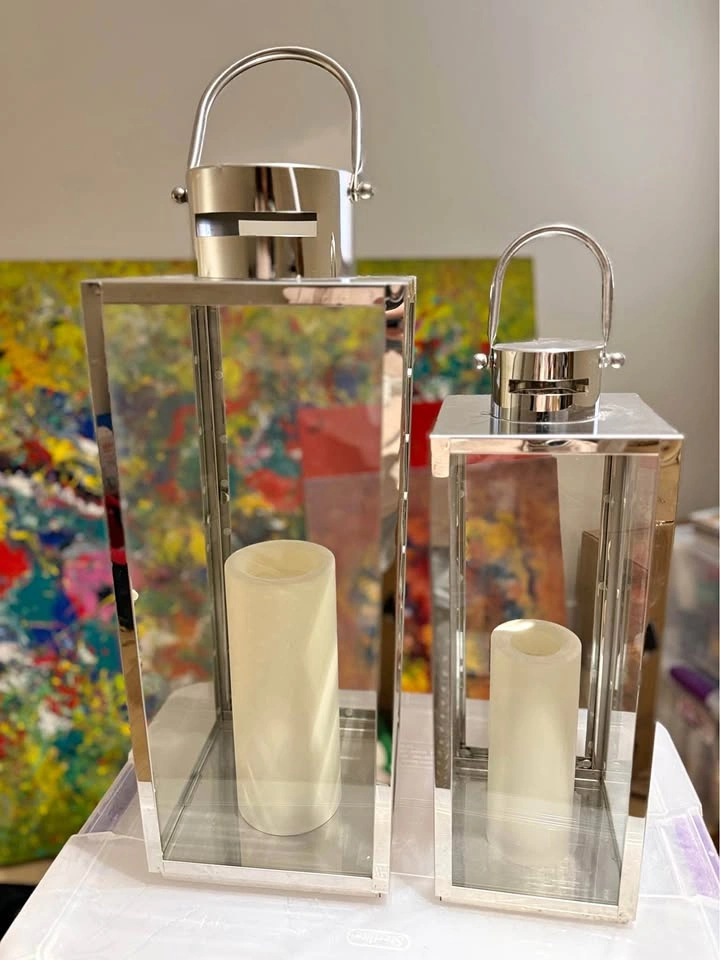 Modern Metal & Glass Lanterns – Set of 2 with LED Candles