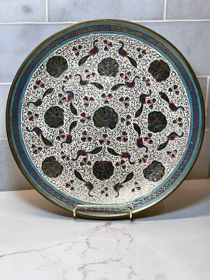 Vintage Indian Brass Meenakari Peacock Decorative Plate