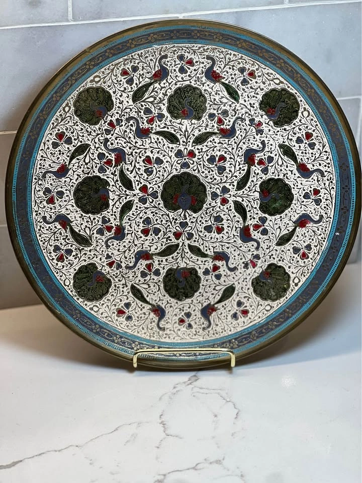 Vintage Indian Brass Meenakari Peacock Decorative Plate - photo 2