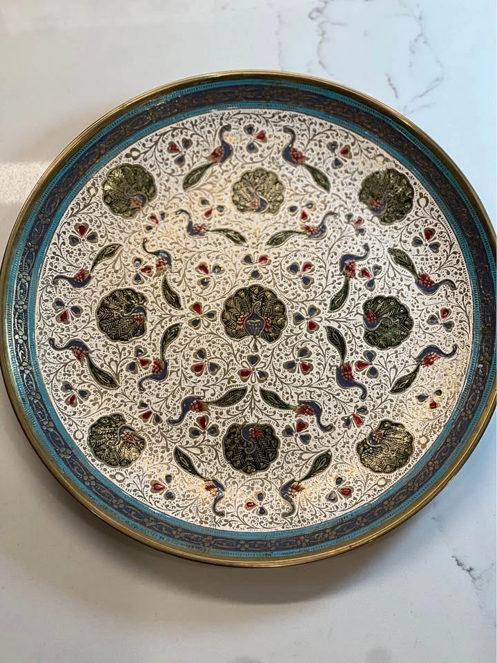 Vintage Indian Brass Meenakari Peacock Decorative Plate - photo 3