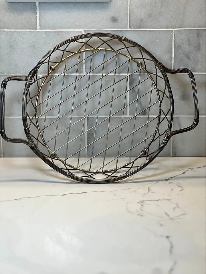 Vintage Silver Wire Mesh Serving Tray with Handles