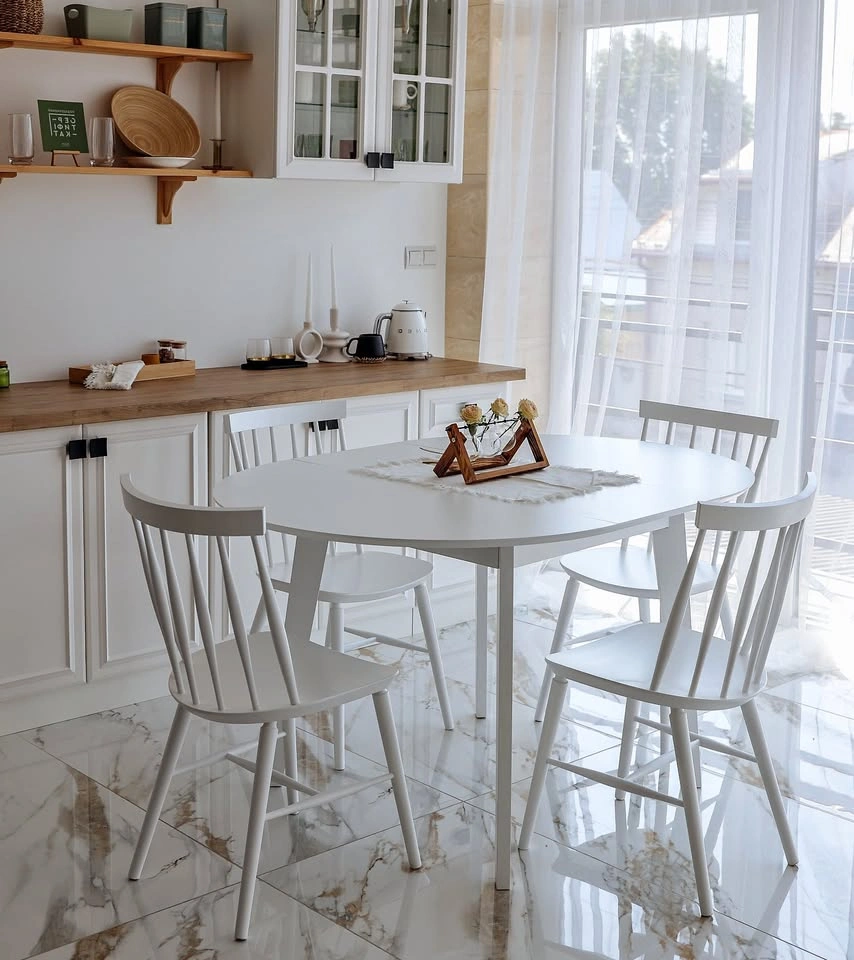 New White Round Expandable Dining Table for 6