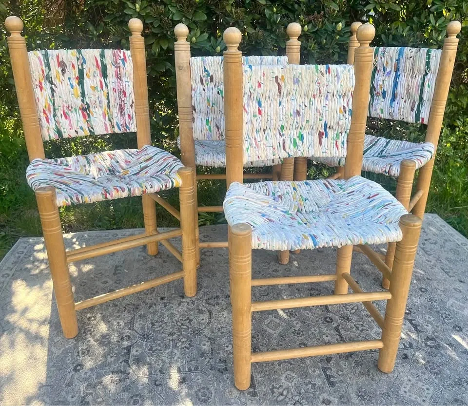 Rustic Boho Dining Chairs – Set of 4 – Woven Rag Seat Farmhouse