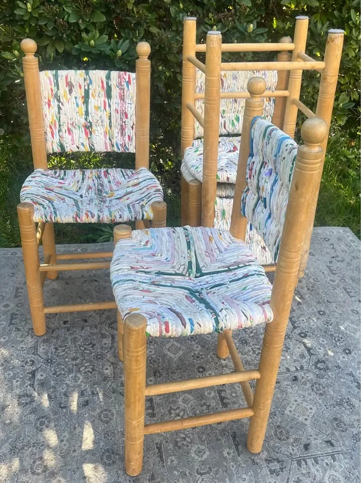 Rustic Boho Dining Chairs – Set of 4 – Woven Rag Seat Farmhouse - photo 2