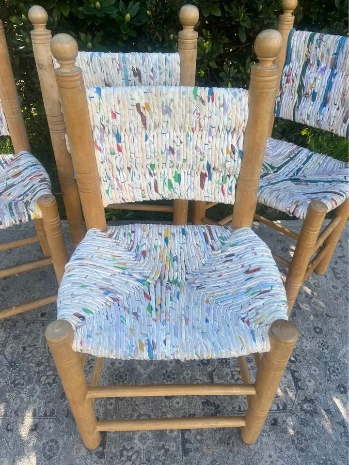 Rustic Boho Dining Chairs – Set of 4 – Woven Rag Seat Farmhouse - photo 3