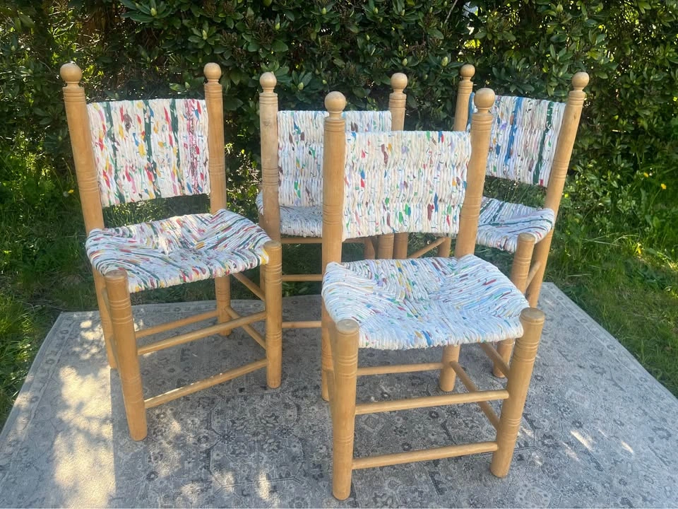 Rustic Boho Dining Chairs – Set of 4 – Woven Rag Seat Farmhouse - photo 5