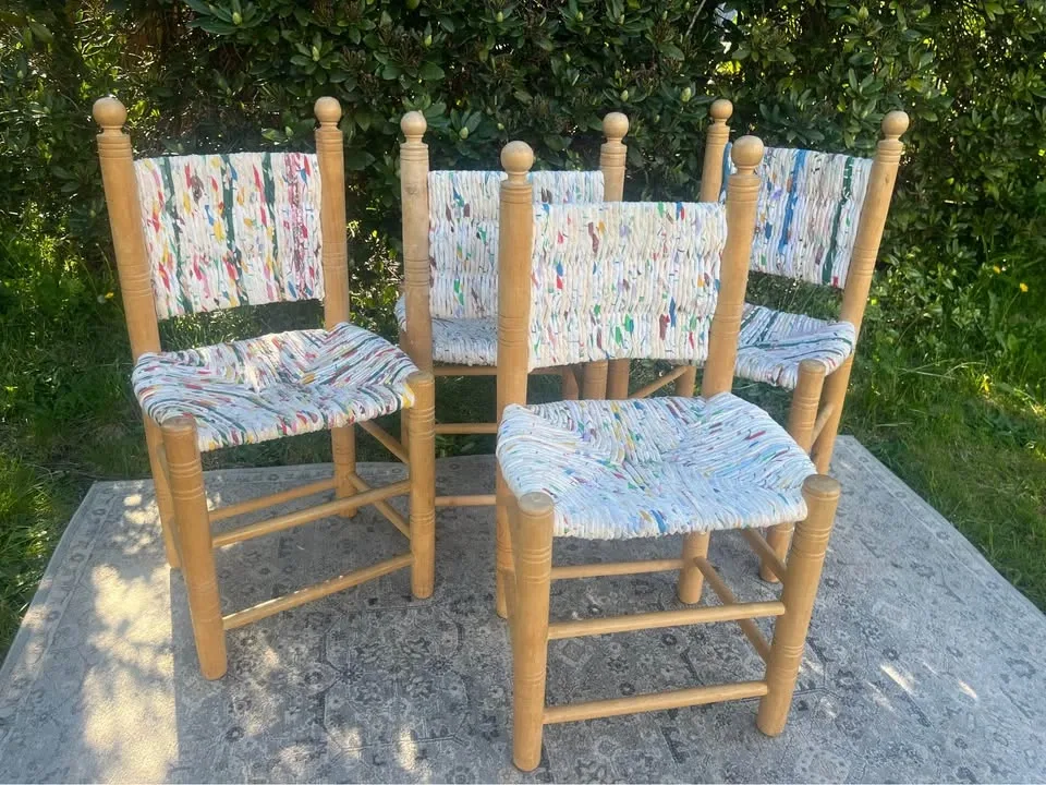 Rustic Boho Dining Chairs – Set of 4 – Woven Rag Seat Farmhouse - photo 5