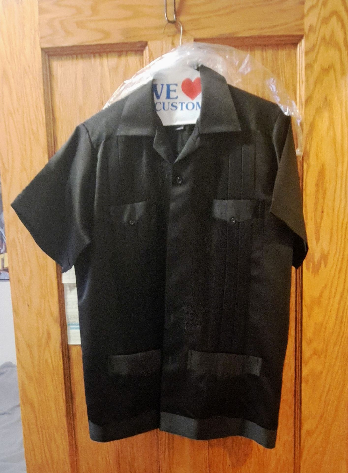 Black Short Sleeve Guayabera-Style Button Shirt