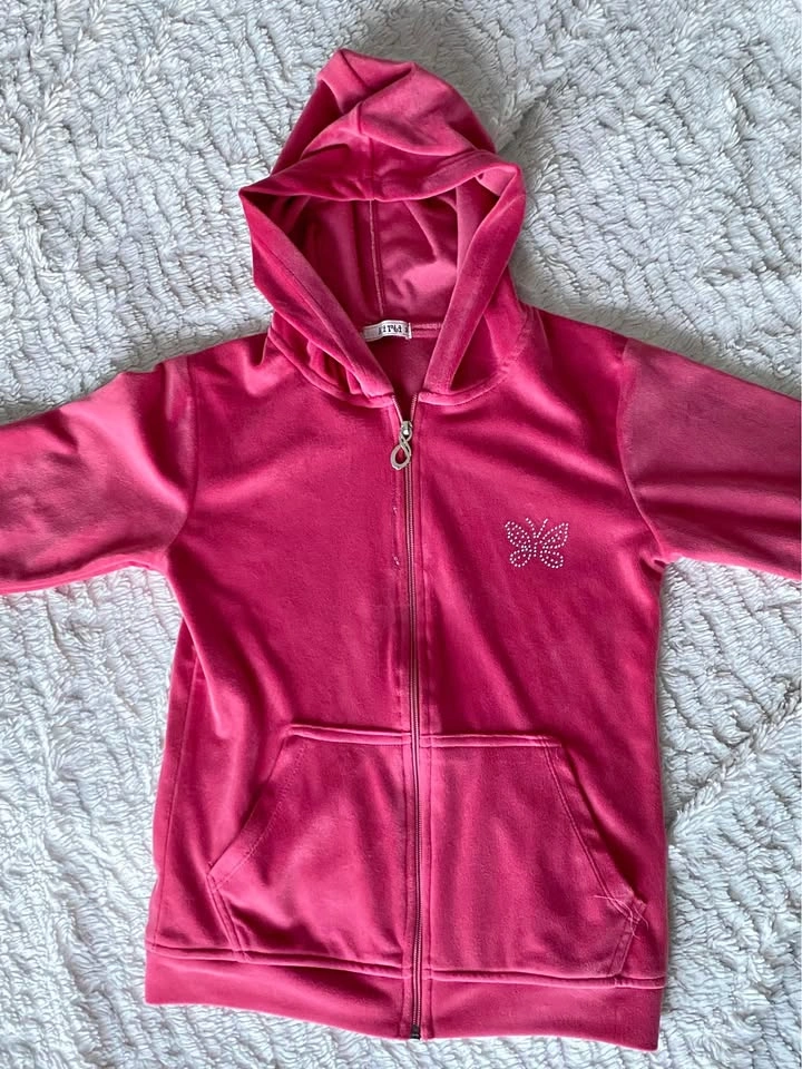 Pink Velour Zip Up Hoodie w/ Butterfly Embellishment Y2K