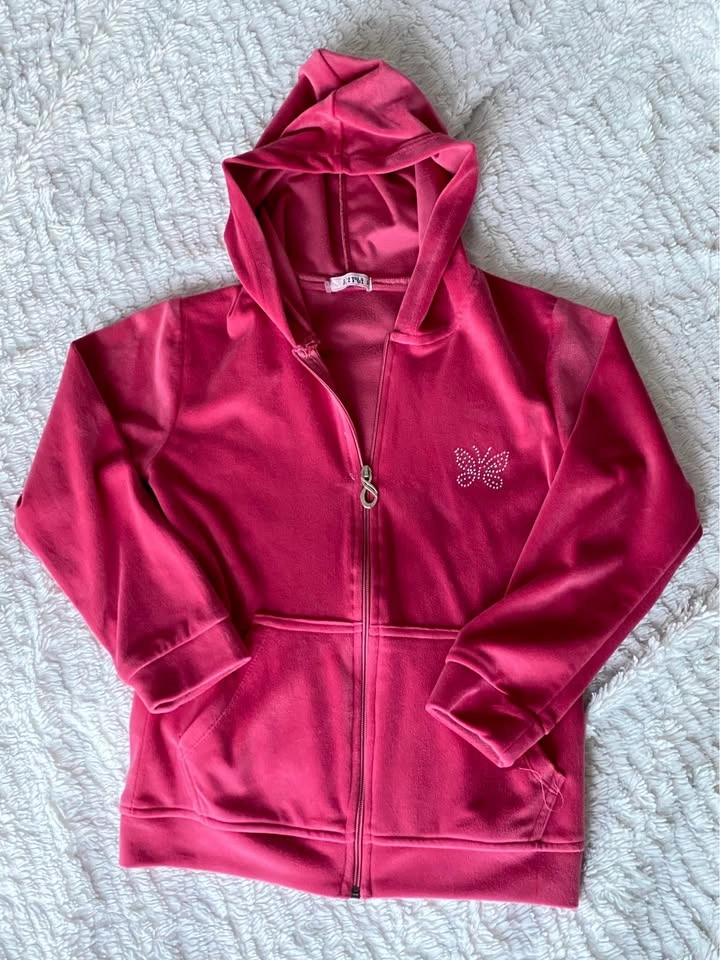 Pink Velour Zip Up Hoodie w/ Butterfly Embellishment Y2K - photo 2