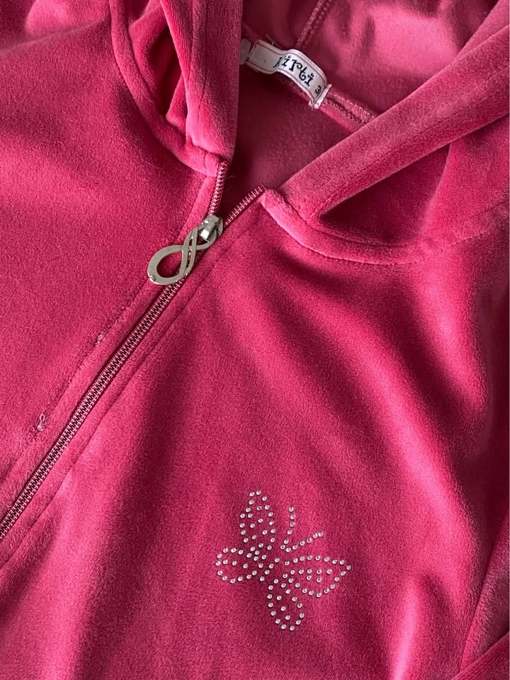Pink Velour Zip Up Hoodie w/ Butterfly Embellishment Y2K - photo 3