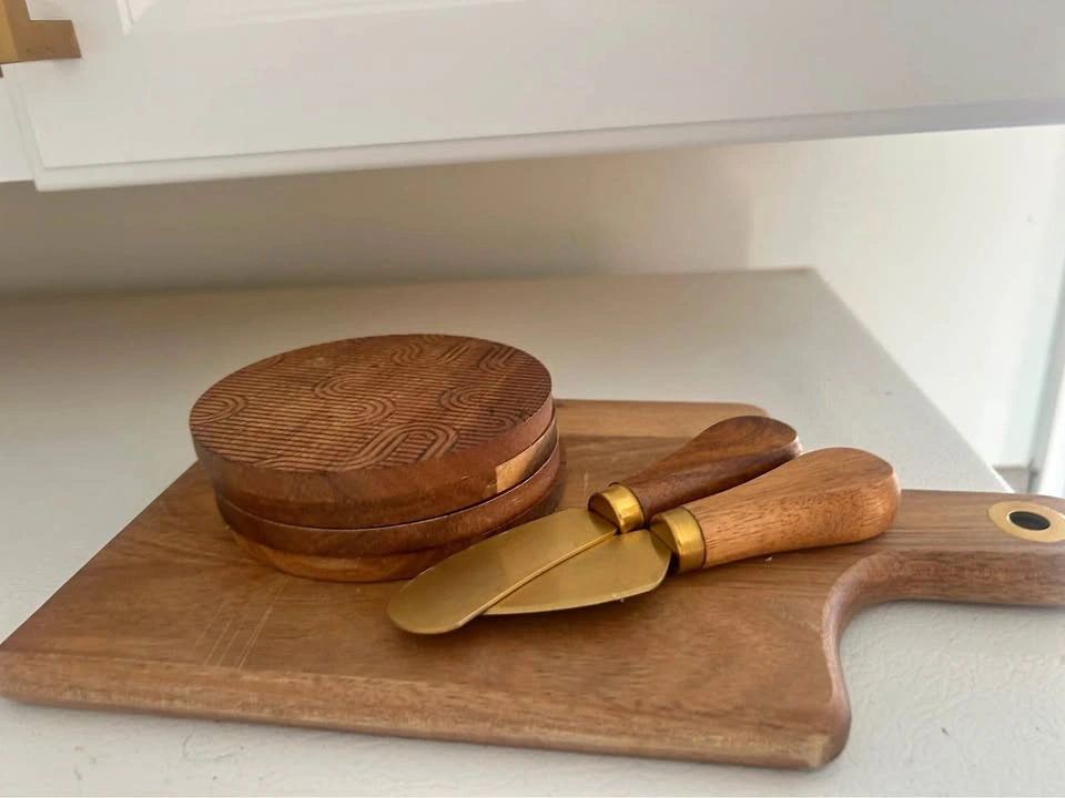 Wooden Cheese Board Set with Knives and Coasters