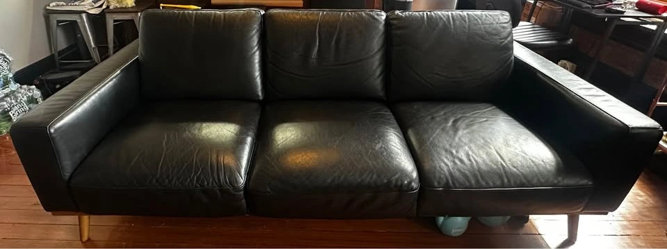 Mid- Century Modern Genuine Black Leather Couch