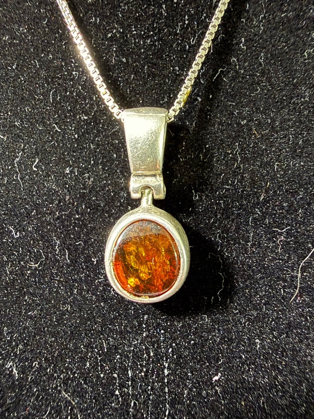 Baltic Amber & Sterling Silver Pendant on Silver-Tone Chain